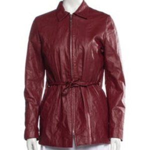 **Louis Feraud Leather Jacket Burgundy Pointed Collar Slit Pockets & Zip Closure